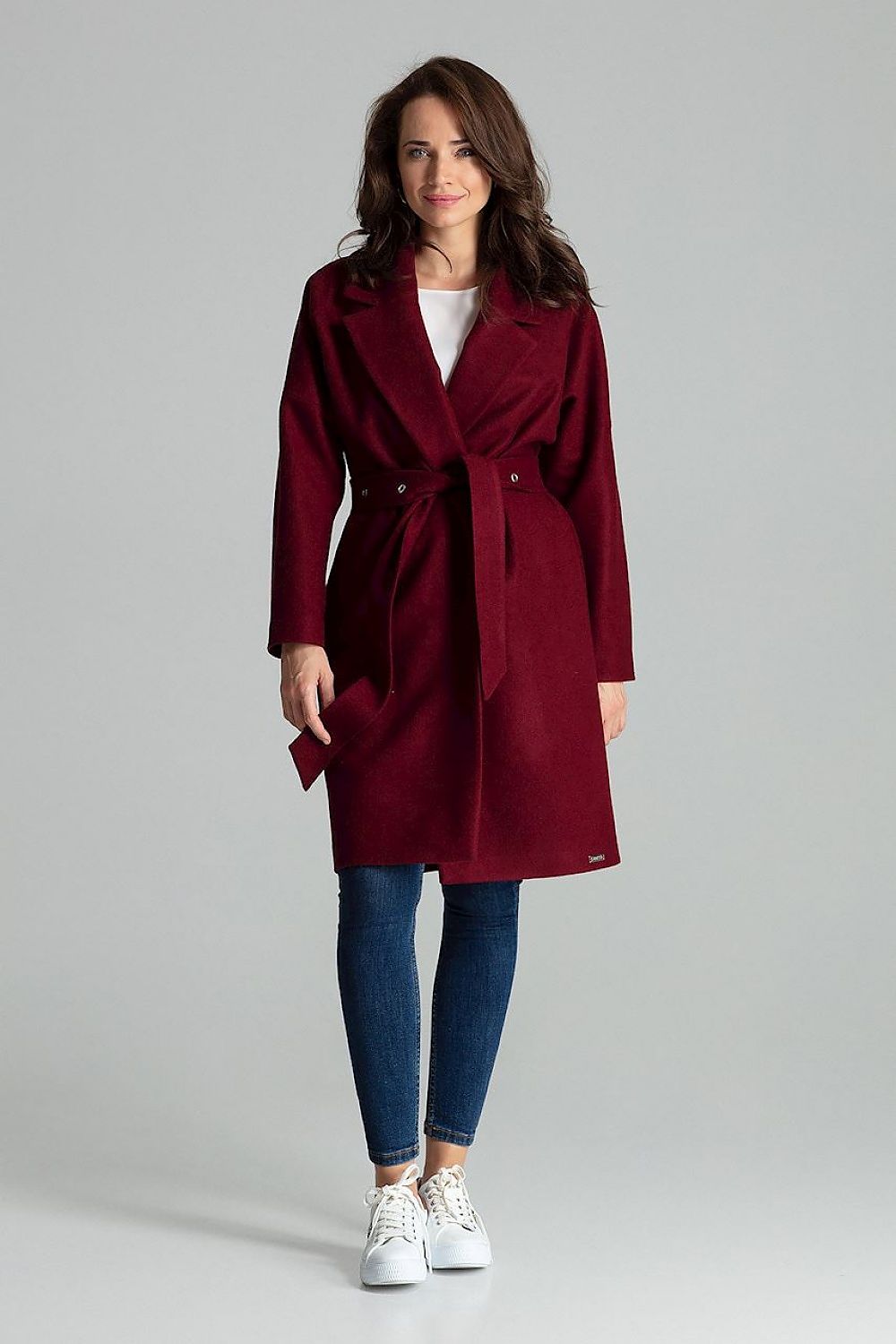Carivelle Maroon Belted Coat with Wide Lapels