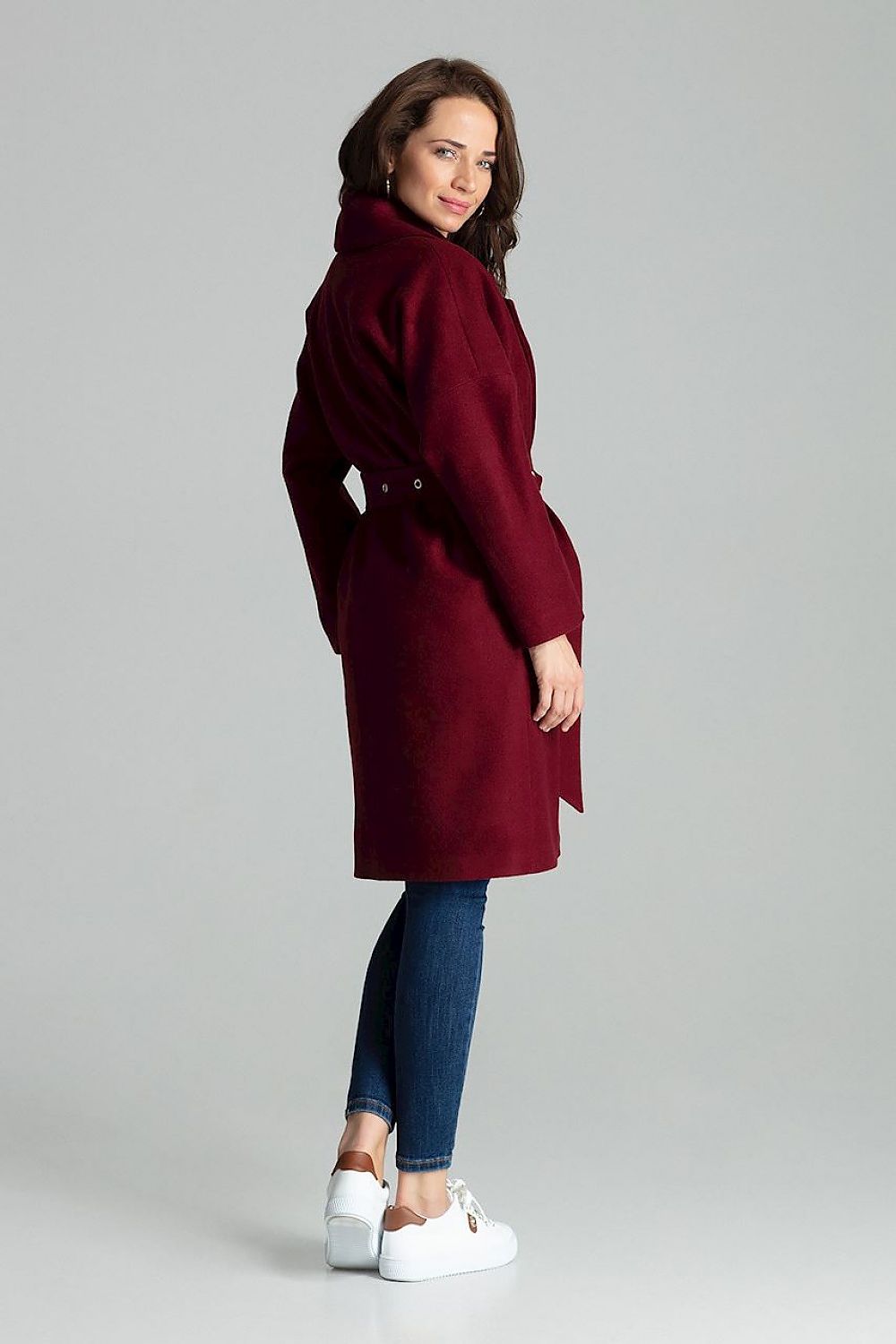 Carivelle Maroon Belted Coat with Wide Lapels