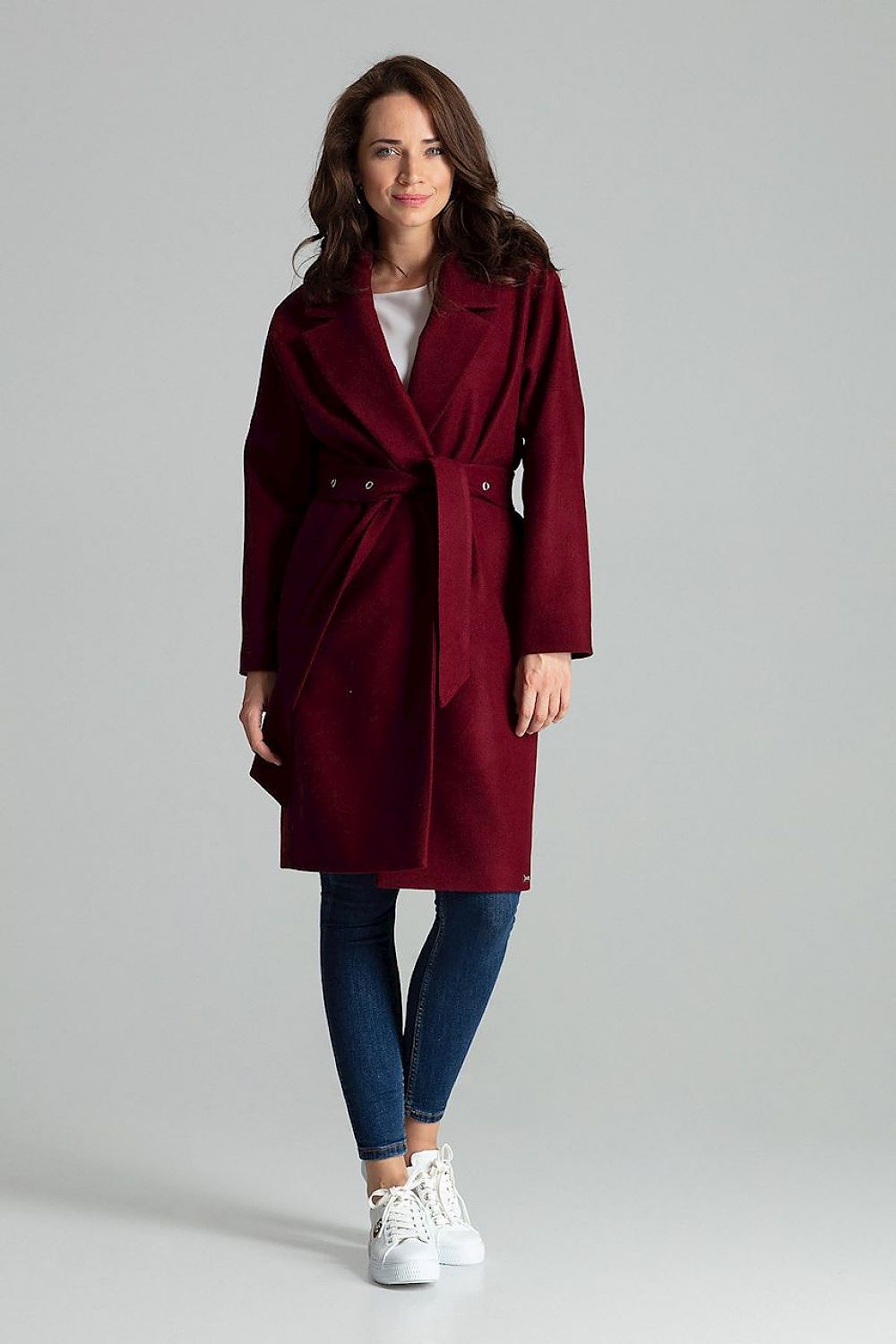 Carivelle Maroon Belted Coat with Wide Lapels