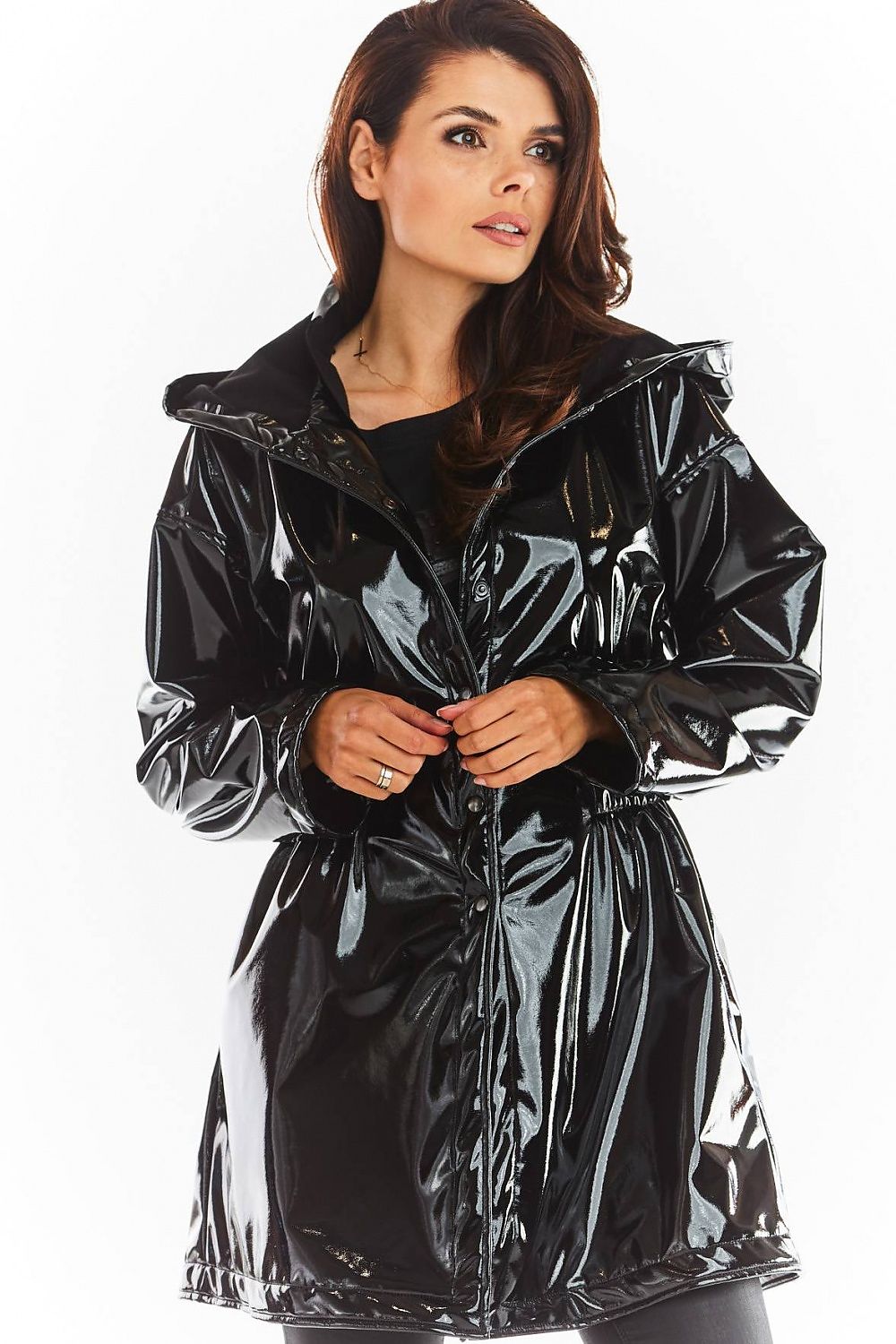 Orlavenne Knee-Length Vinyl Hooded Coat
