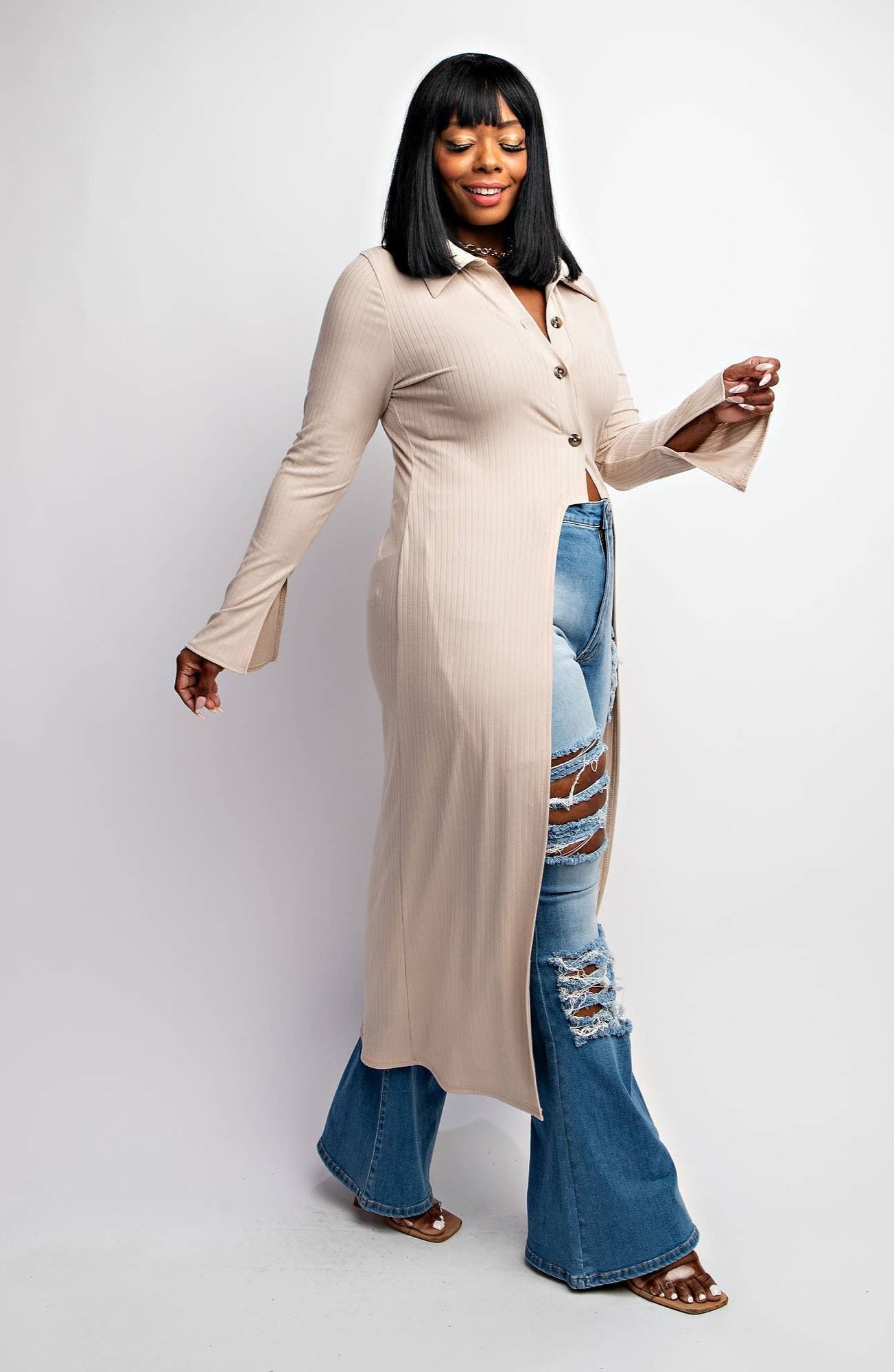 DELIAH PLUS SIZE RIB-KNIT CARDIGAN WITH BUTTON UP FRONT