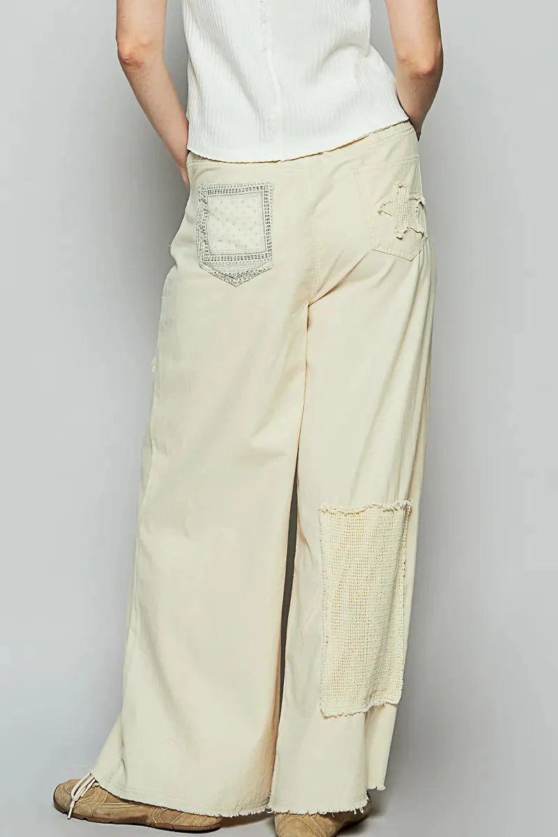 POL Raw Hem Star Patch Boho Wide Leg Pants – Cotton Statement Bottoms