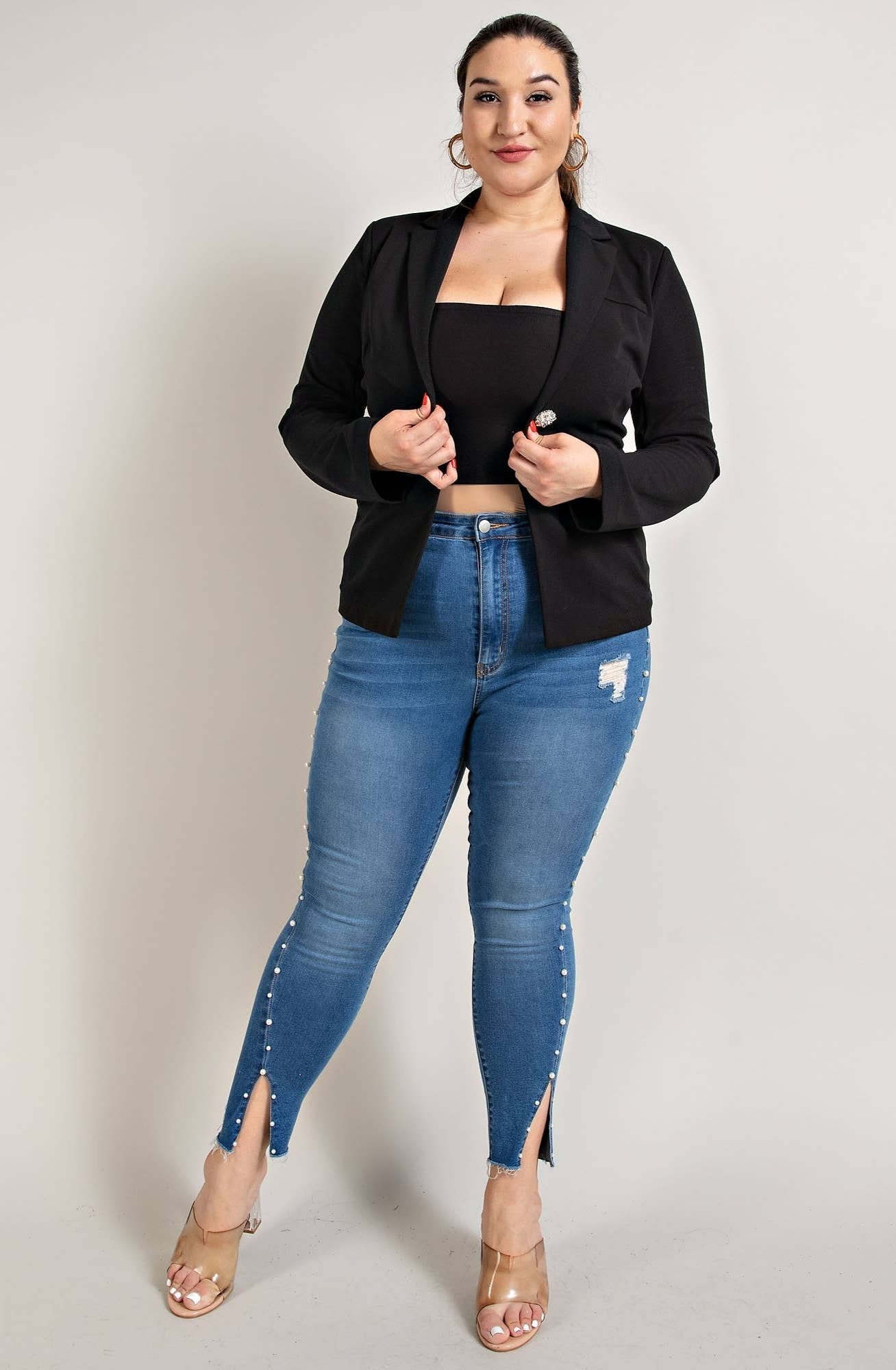 ZOE PLUS SIZE SRETCH LUXE CRYSTAL DETAIL BUTTON BLAZER