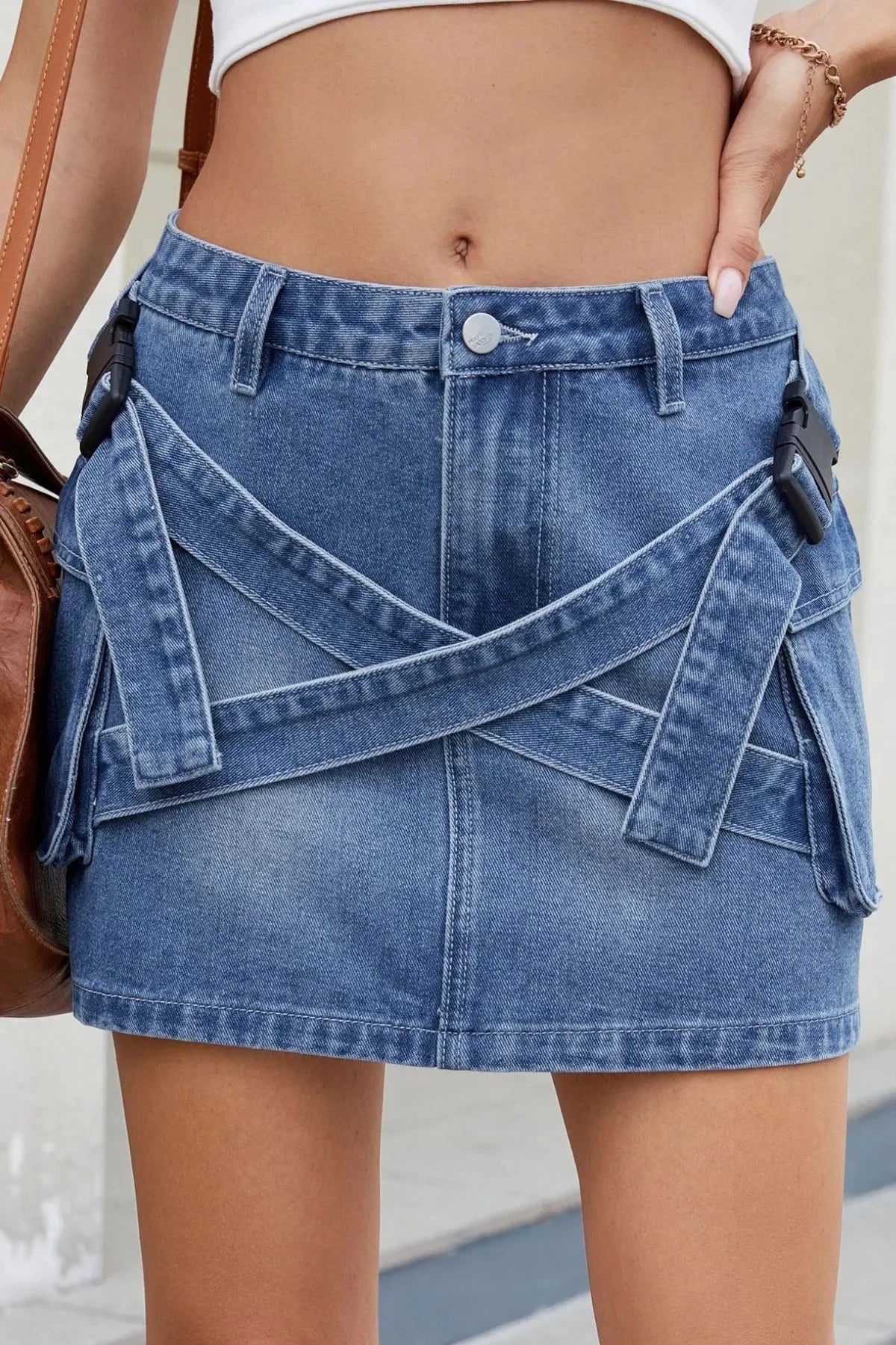 Celestial Chic Criss-Cross Denim Mini Skirt