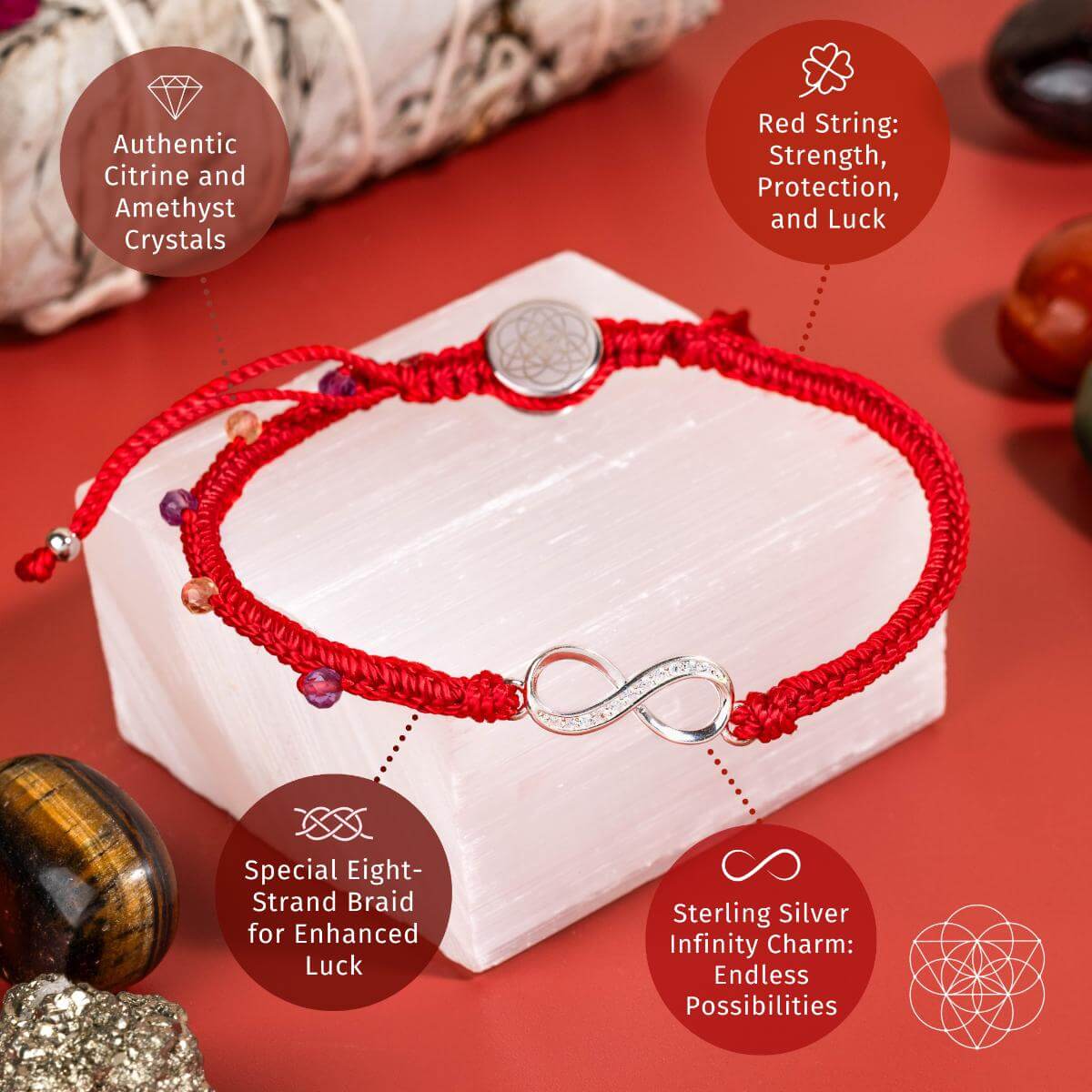 Lunar Radiance Eight Strand Red String Bracelet Prosperity