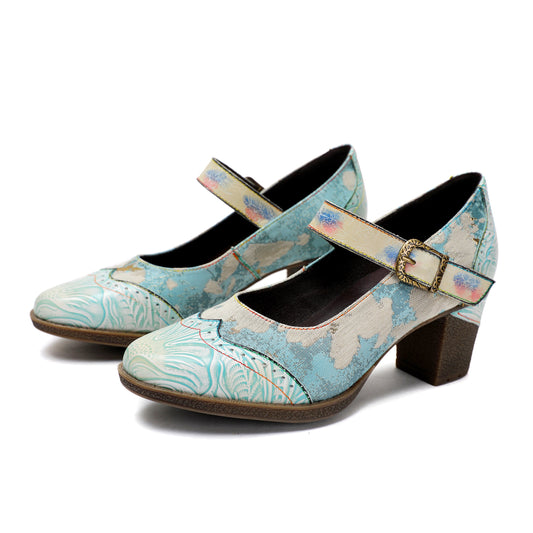 Starlit Grace Vintage Blue Leather Buckle Pumps Wedding