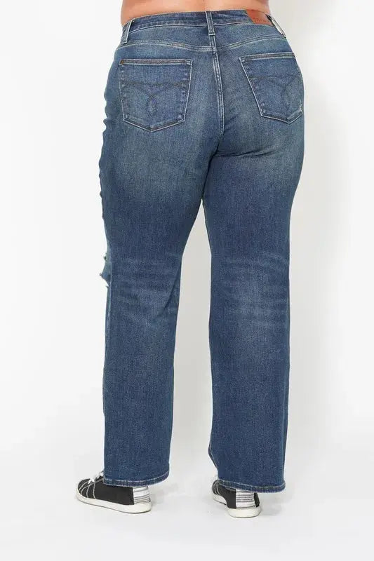 Full Size High Waist Ripped Knee Straight Leg Dad Judy Blue Jeans