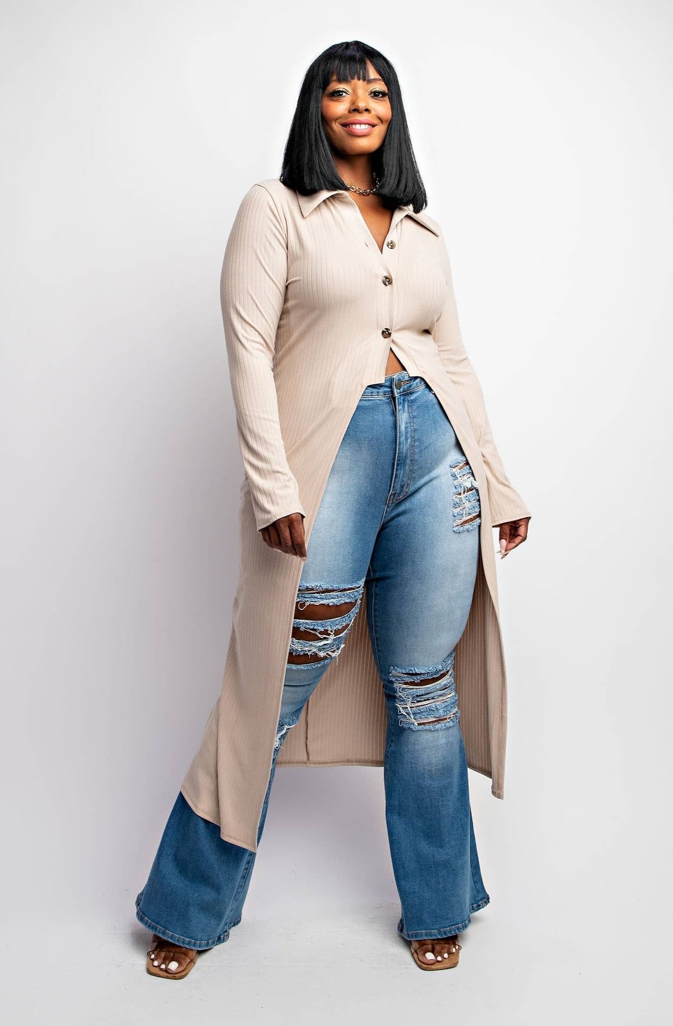 DELIAH PLUS SIZE RIB-KNIT CARDIGAN WITH BUTTON UP FRONT