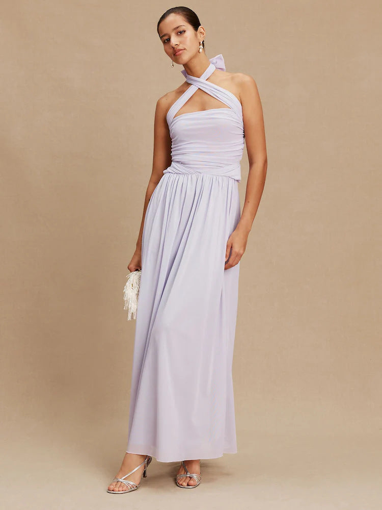 Pleated Solid-Colored Strap Three-Way Dress (see size chart under more details)