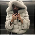 Women's Minimalist Hooded Patchwork Fur Grass Jacket (please see size chart for help with sizing or send us an email for assist. info@thefashioncelestial.com See size chart under “more details”