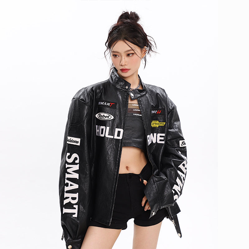 Women's Loose Letter Racing Motorcycle Jacket See size chart under “more details”