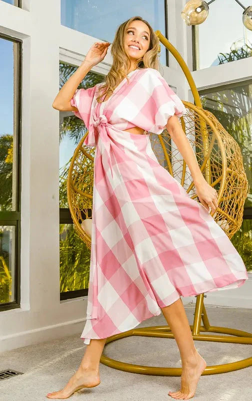 BiBi Front Tied Checkered Puff Sleeve Dress with Cut Out Detail