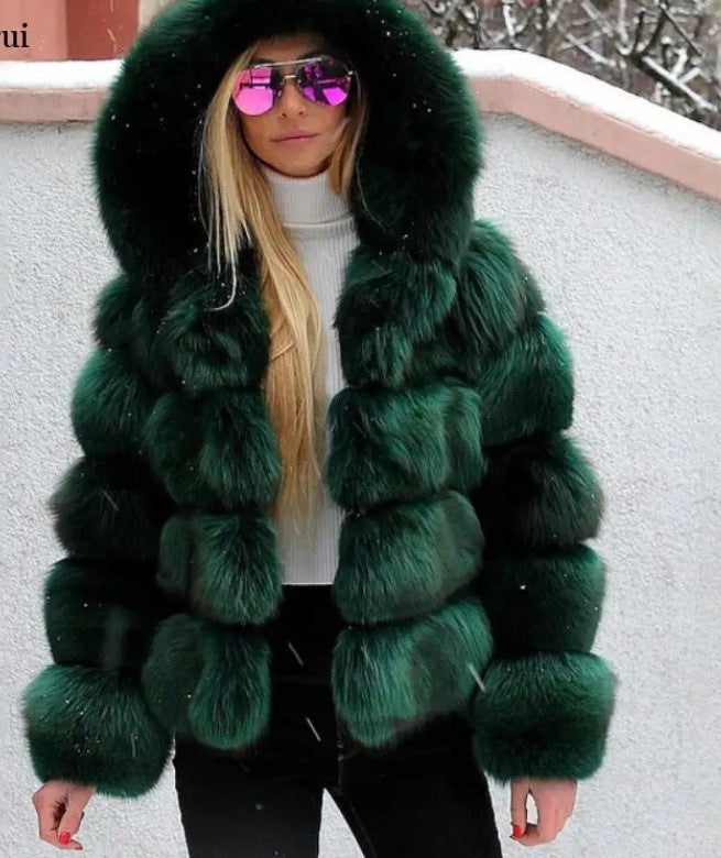 Women's Minimalist Hooded Patchwork Fur Grass Jacket (please see size chart for help with sizing or send us an email for assist. info@thefashioncelestial.com See size chart under “more details”