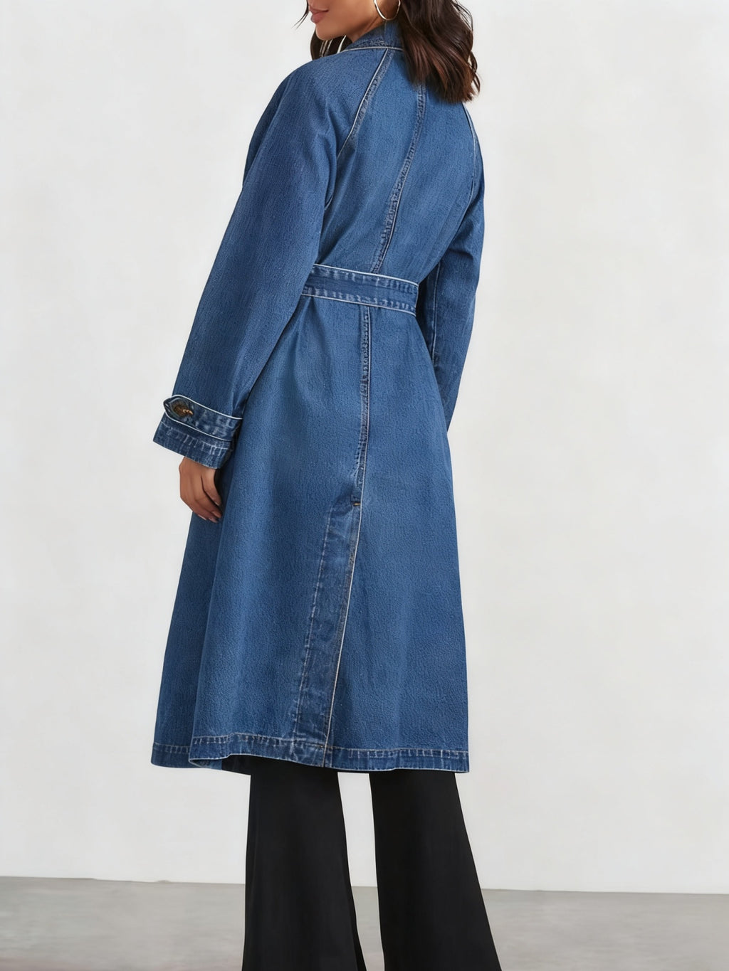 New Fashionable Denim Women's Windbreaker, Pure Color Turtleneck Long-sleeved Lace-up Long Denim Jacket For Women See size chart under “more details”
