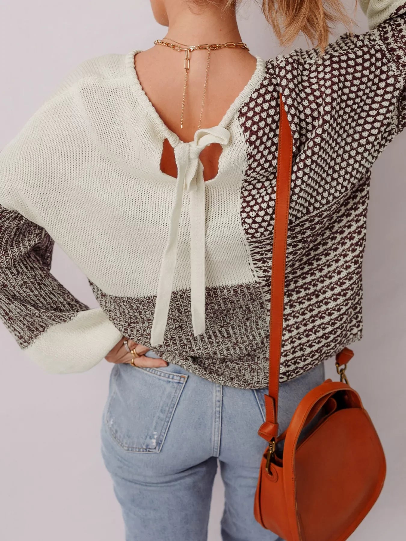 Color Block Loose Back Tie Drop Shoulder Sweater