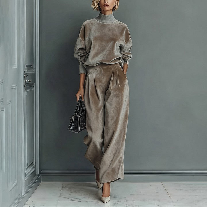 Casual Warm Velour Long-sleeved Solid Color High-neck Zipper Wide-leg Sportswear See size chart under “more details”