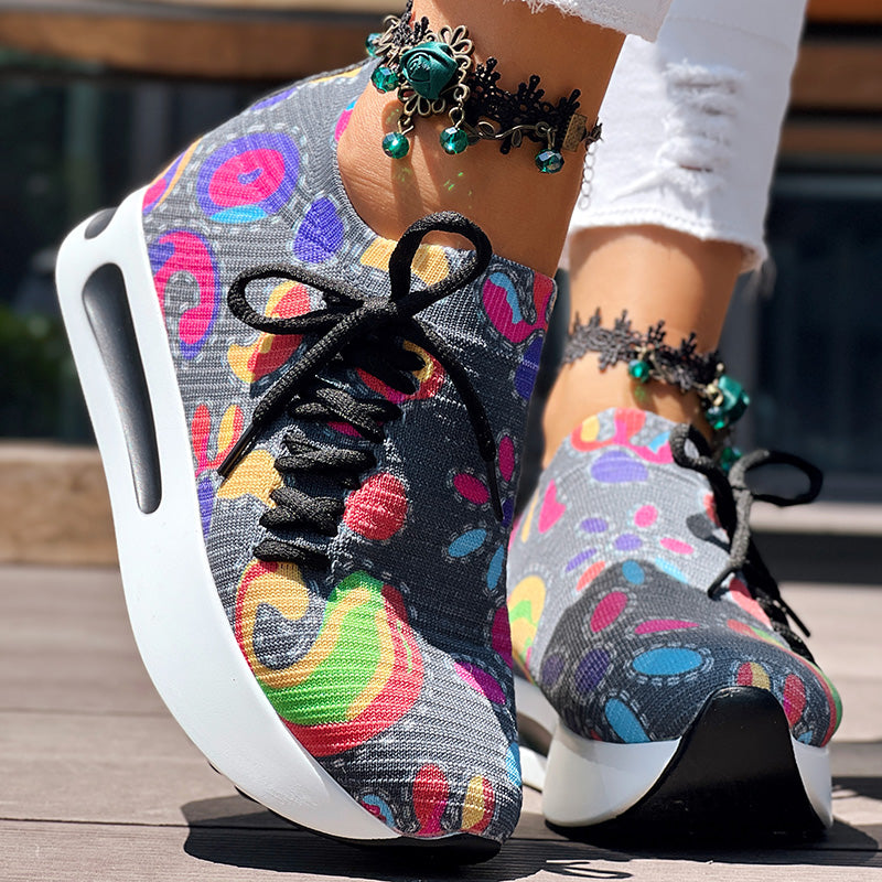 Women's Random Print Side Lace-Up Elastic Sport Shoes, Comfortable Slip-On Sneakers For Women, Casual Daily Wear Footwear See size chart under “more details”