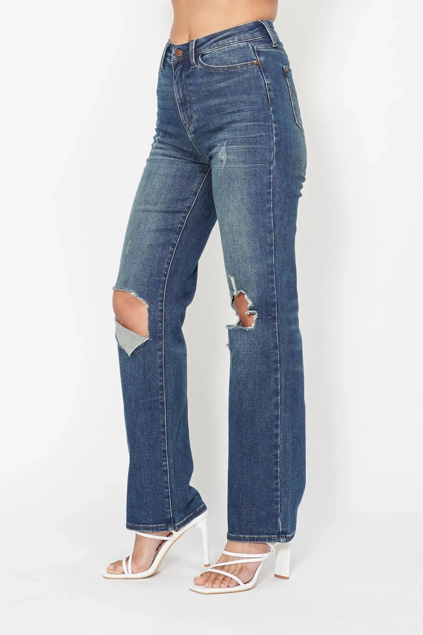 Full Size High Waist Ripped Knee Straight Leg Dad Judy Blue Jeans