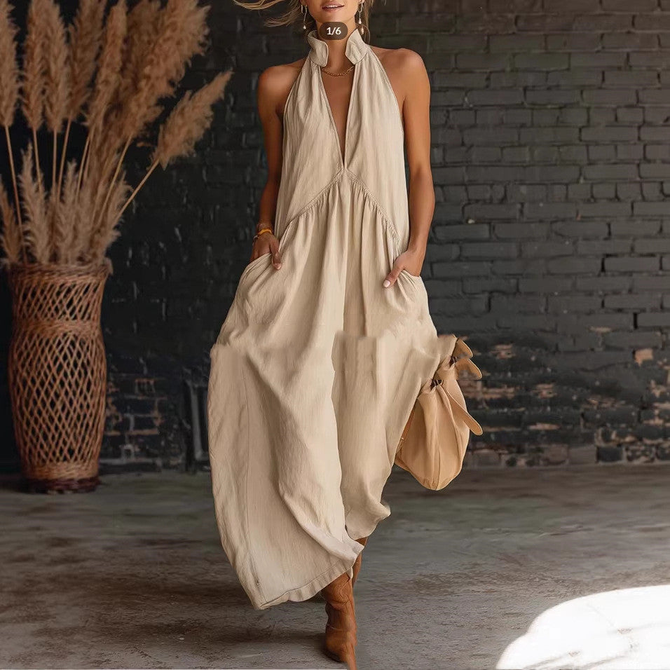 Elegant Resort-Style Mandarin-Collar Cotton-Linen Dress (see size chart under more details)