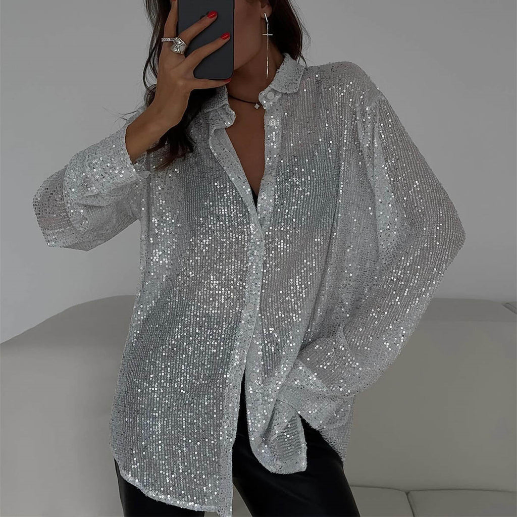 Sequin Lapel Long Sleeve Shirt See size chart under “more details”