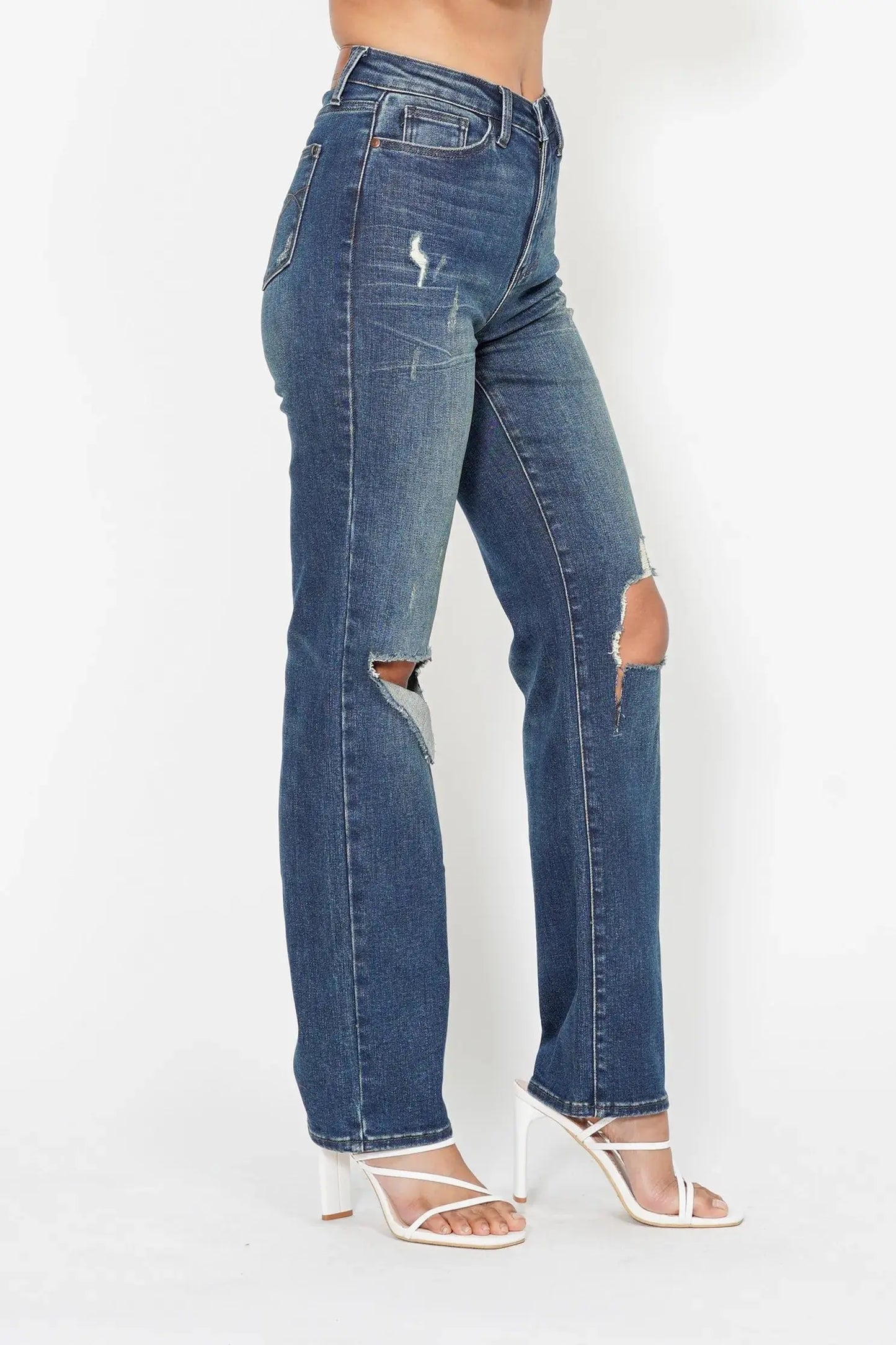 Full Size High Waist Ripped Knee Straight Leg Dad Judy Blue Jeans