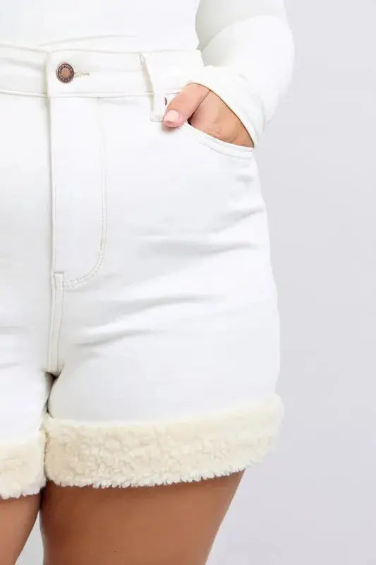 Judy Blue Jeans - Full Size High Waist Shearling Cuff Denim Shorts