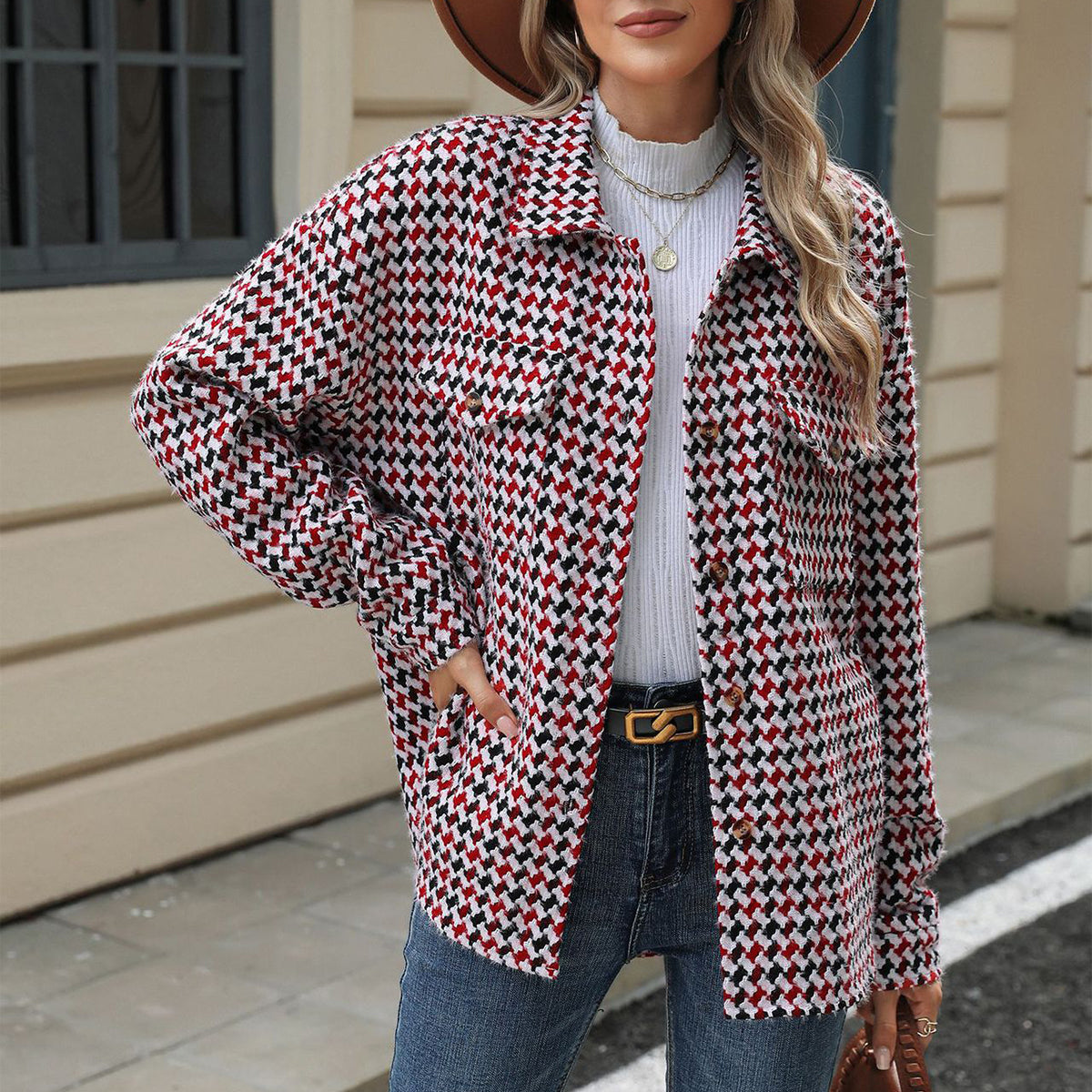 Fashion Houndstooth Lapel Tweed Coat Casual Loose Long Sleeve Jacket With Pocket Outwear Tops For Womens Clothing See size chart under “more details”