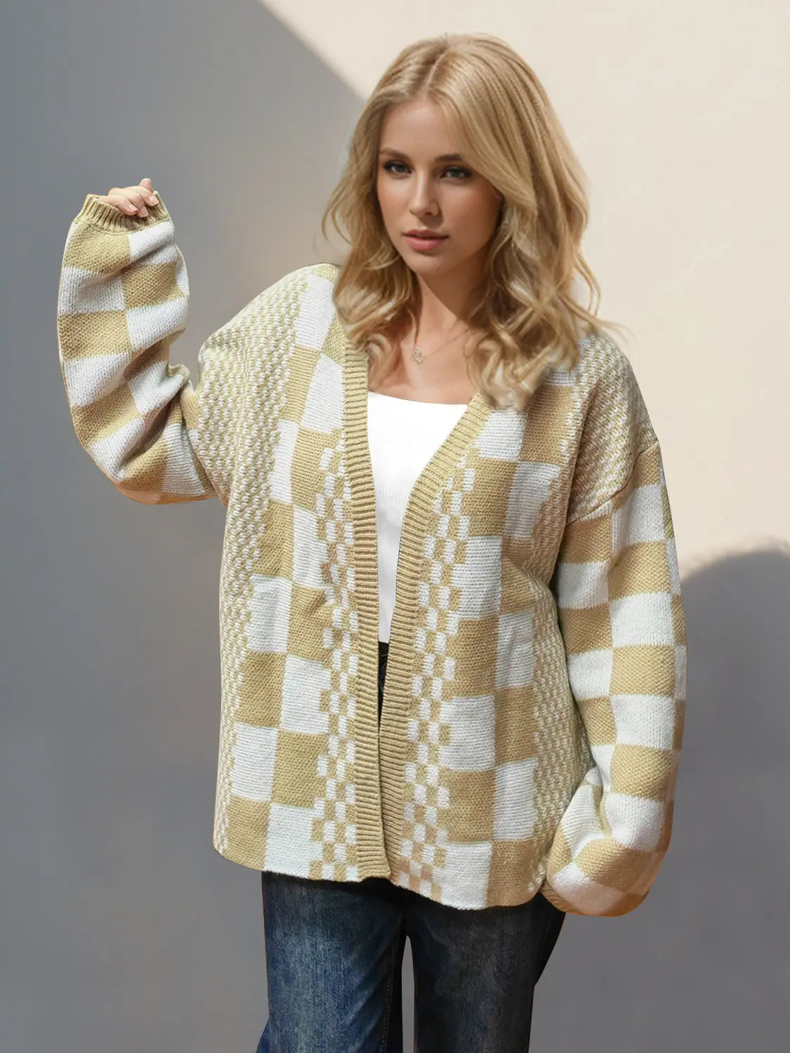 Double Take Checkered Dropped Shoulder Cardigan