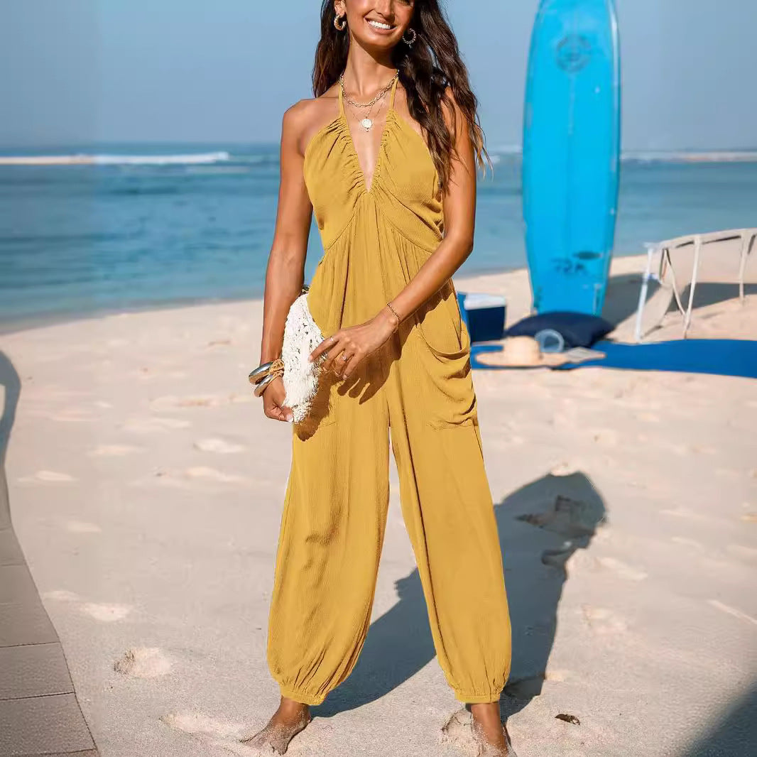 Back Lace-up Wide Leg Beam Foot Length Jumpsuit (see size chart under more details)