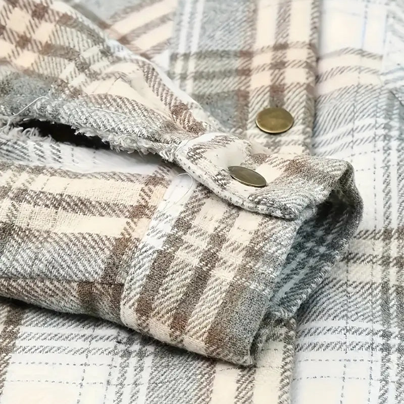 Women's Plaid Button-Up Long Sleeve Jacket Fall Winter  Flap Button Pocket Design Casual Hooded Fleece-Lined Warm Coat