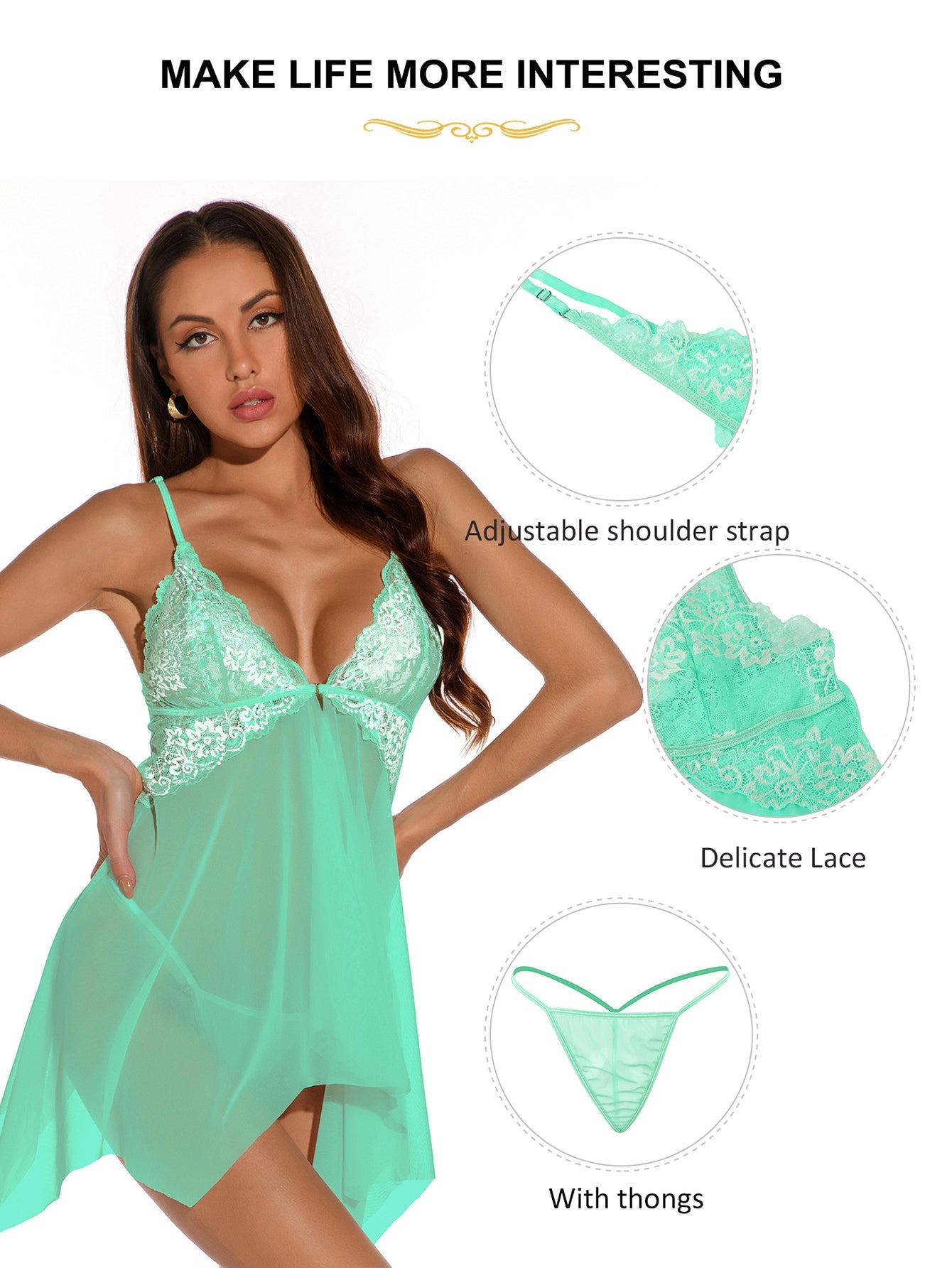 Ladies Sexy  Pea Mesh Babydoll with Flyaway Lace Cup