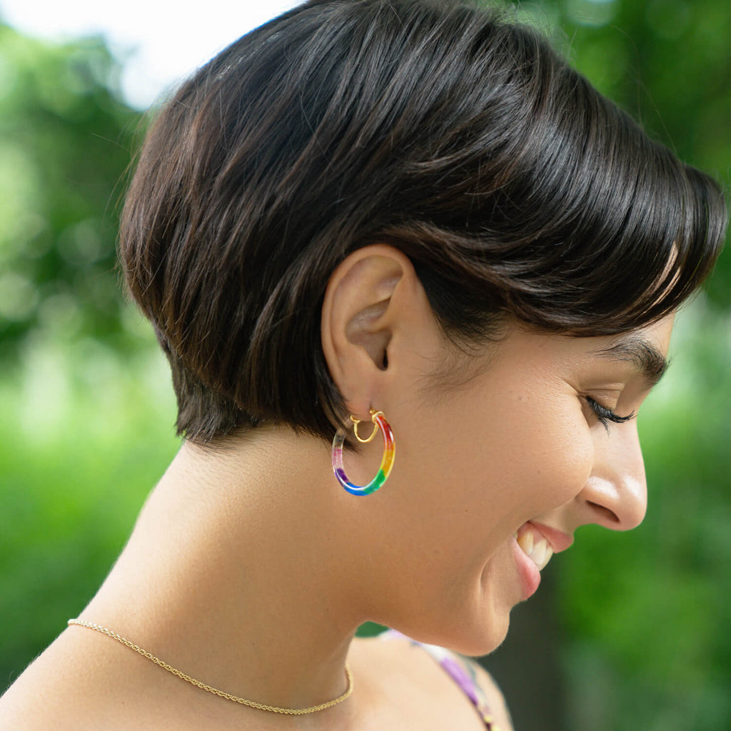 PRIDE Rainbow Tie Dye Lucite Thin Hoops See size chart under “more details”