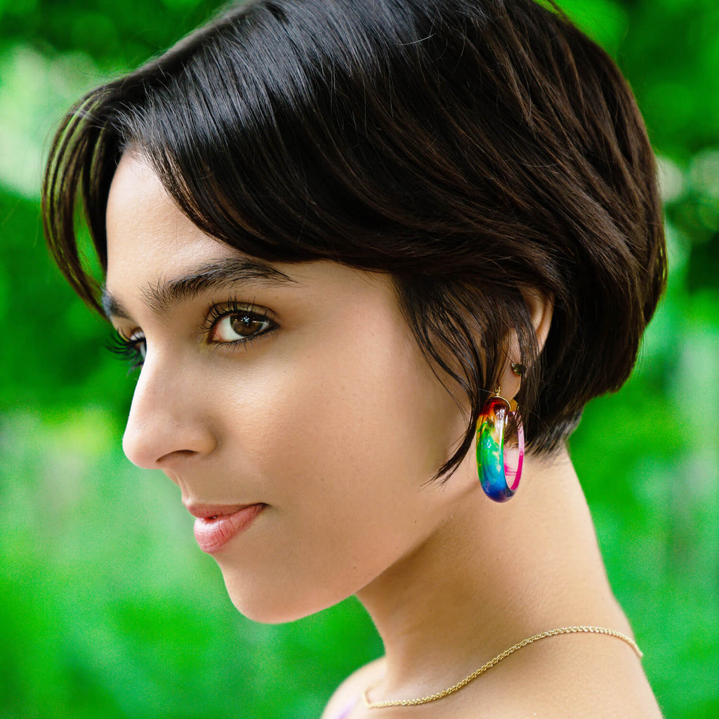 PRIDE Rainbow Tie Dye Lucite Small Hoops See size chart under “more details”