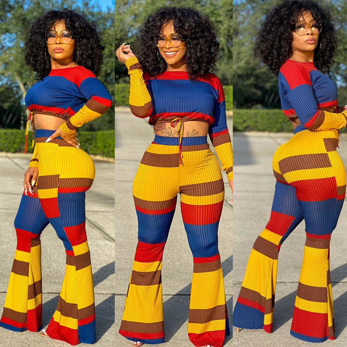 Dunhuang Hang Strip Flare Pants Suit