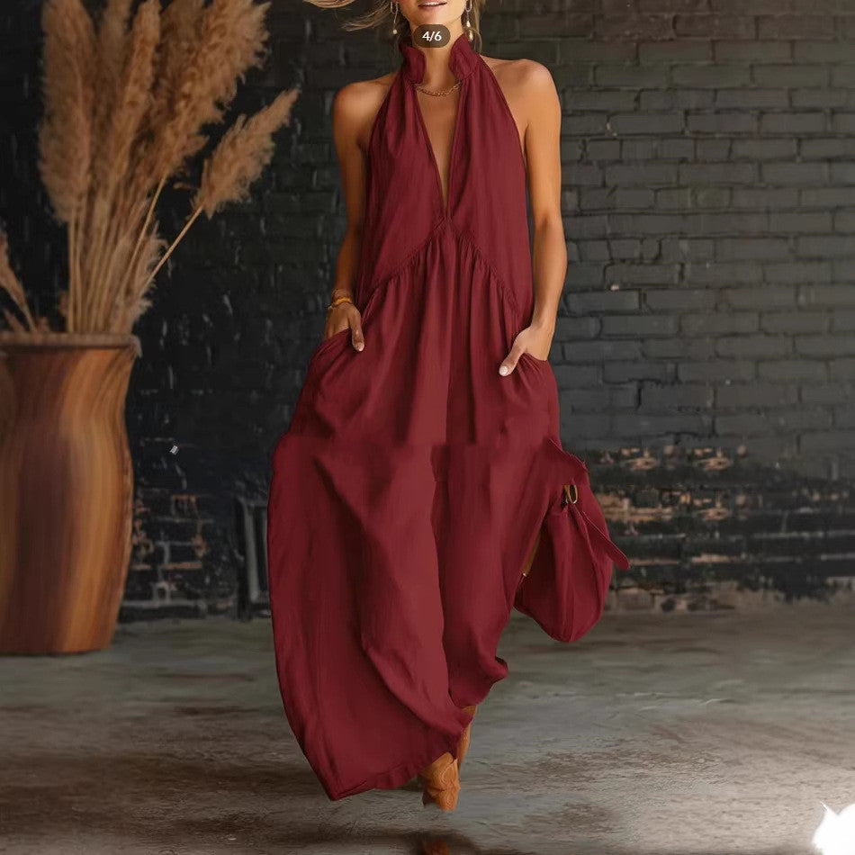 Elegant Resort-Style Mandarin-Collar Cotton-Linen Dress (see size chart under more details)