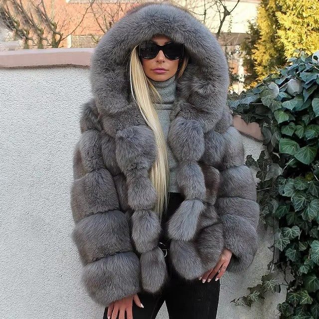 Women's Minimalist Hooded Patchwork Fur Grass Jacket (please see size chart for help with sizing or send us an email for assist. info@thefashioncelestial.com See size chart under “more details”