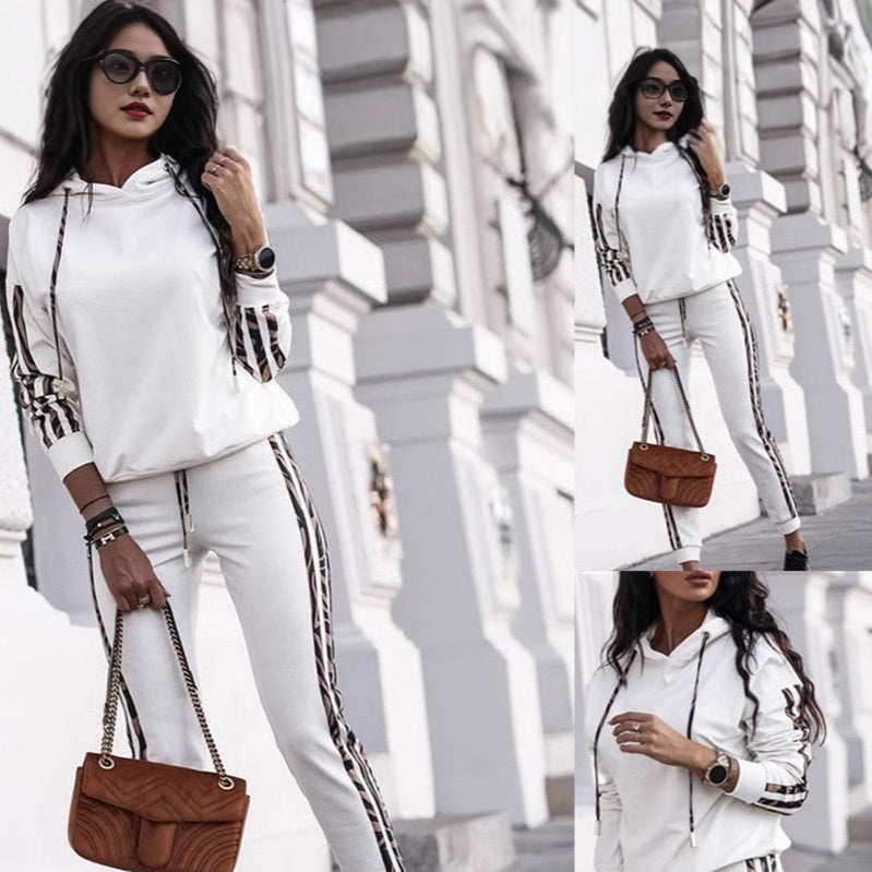 Solid Color Striped Casual Hoodie Two-piece Set