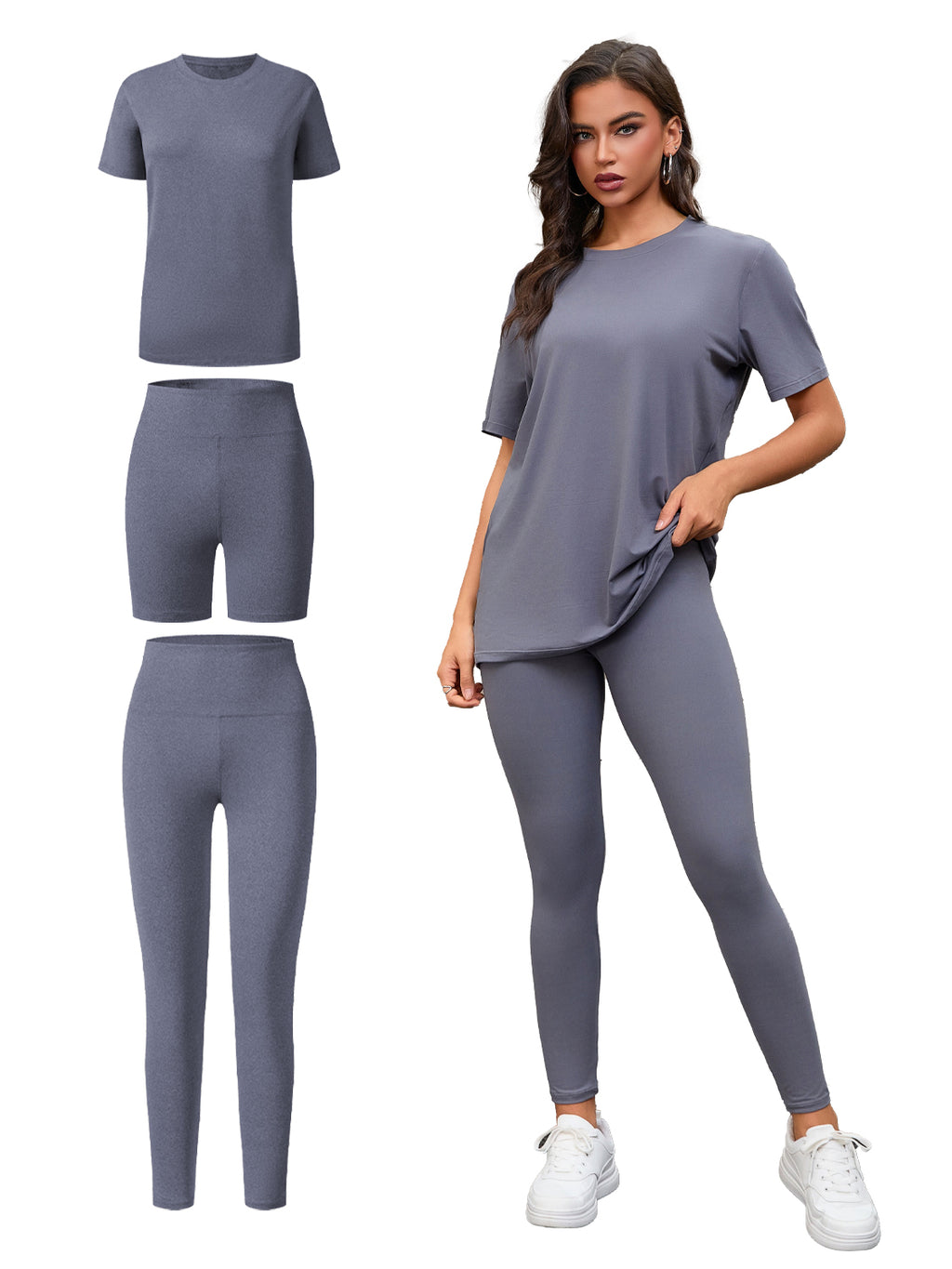 Three Piece Set, Round Neck Short Sleeved Top And Shorts And Pants Set, Sports And Casual Clothing See size chart under “more details”