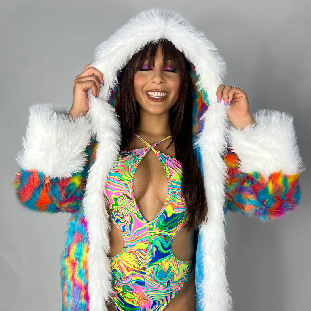 Rainbow Swirl Faux Fur Coat