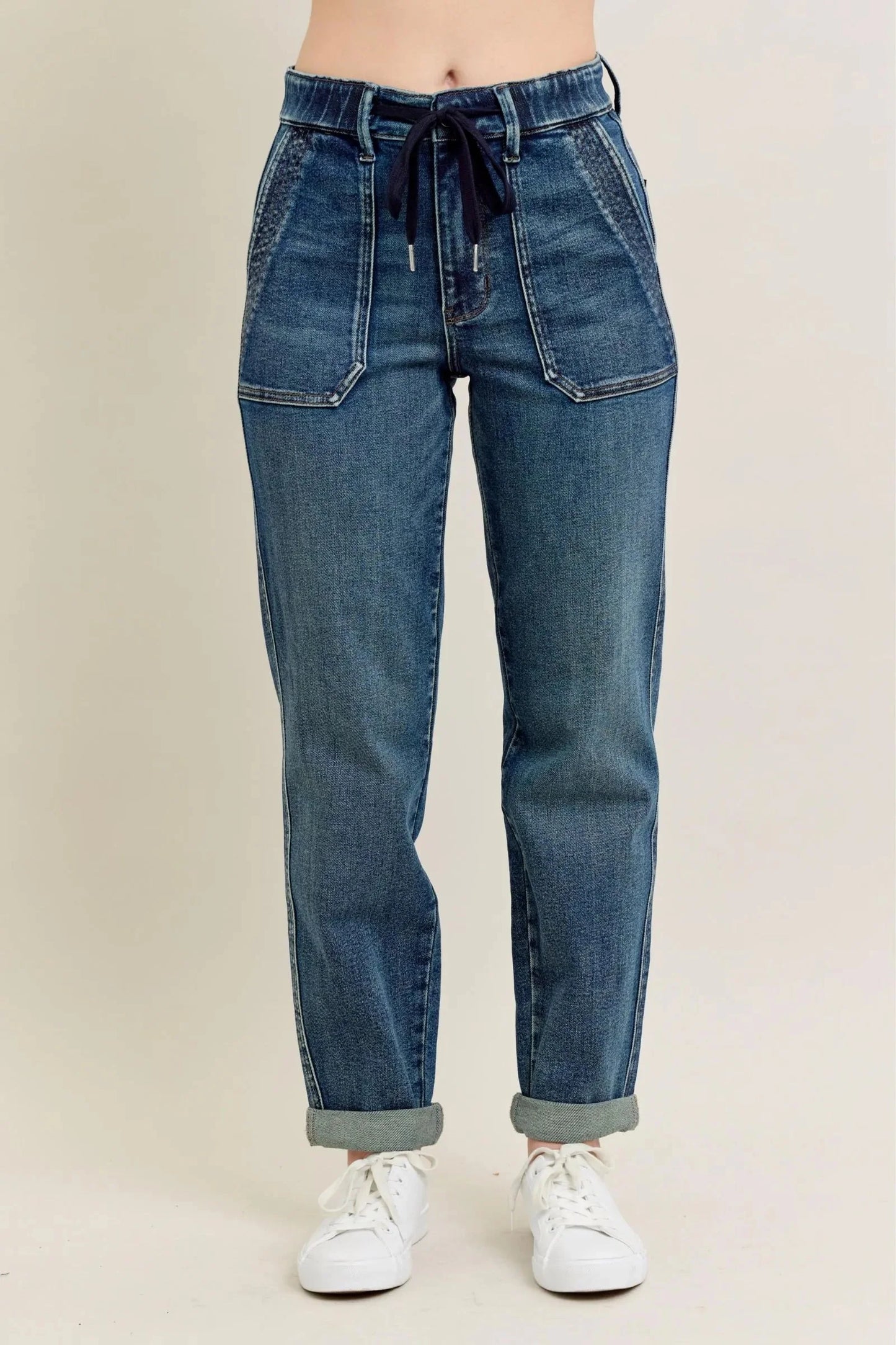 Judy Blue Jeans - Full Size HW Vintage Wash Jeans w/ Drawstring
