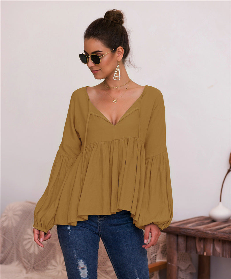 Puff Sleeve Solid Color V-neck Blouse T-shirt