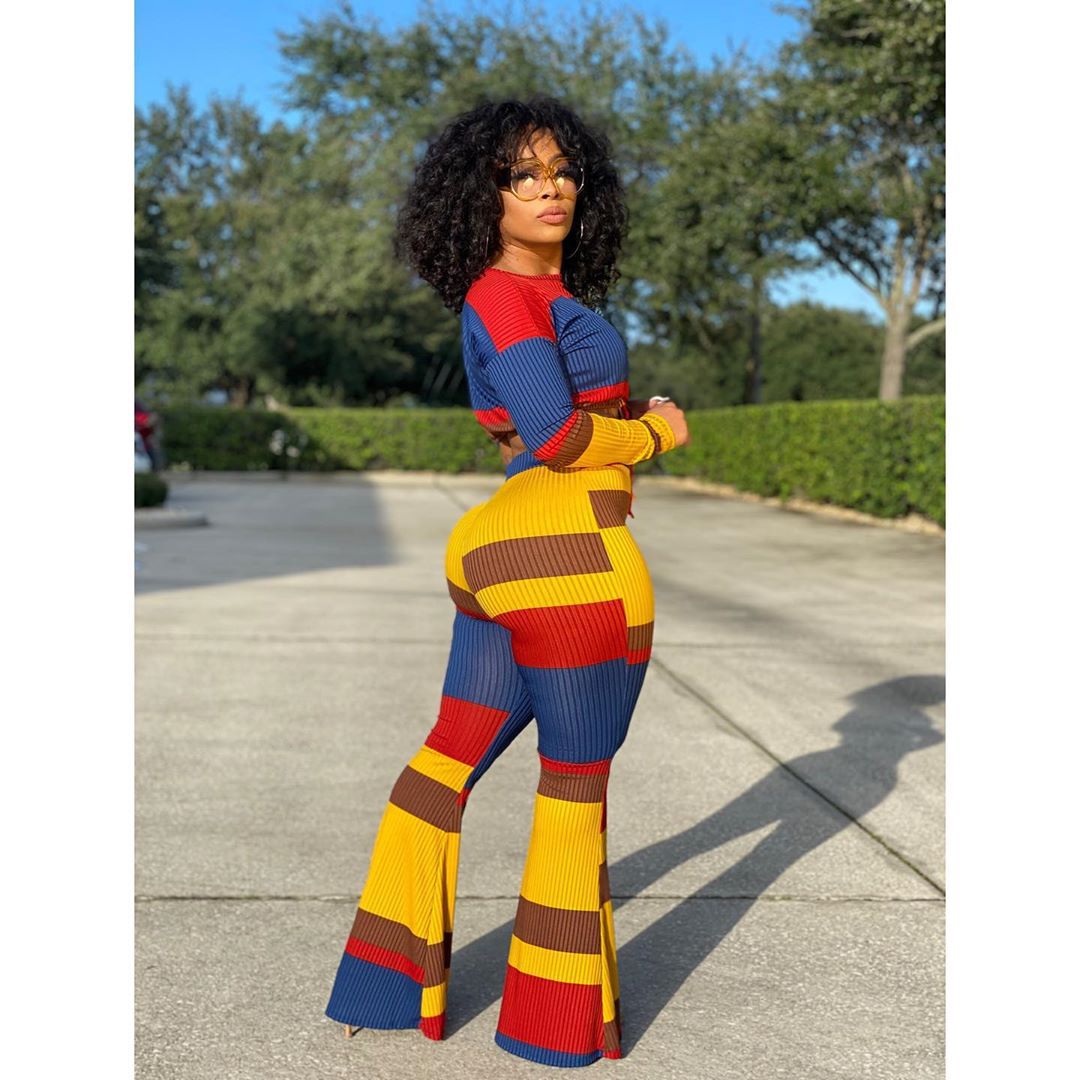 Dunhuang Hang Strip Flare Pants Suit