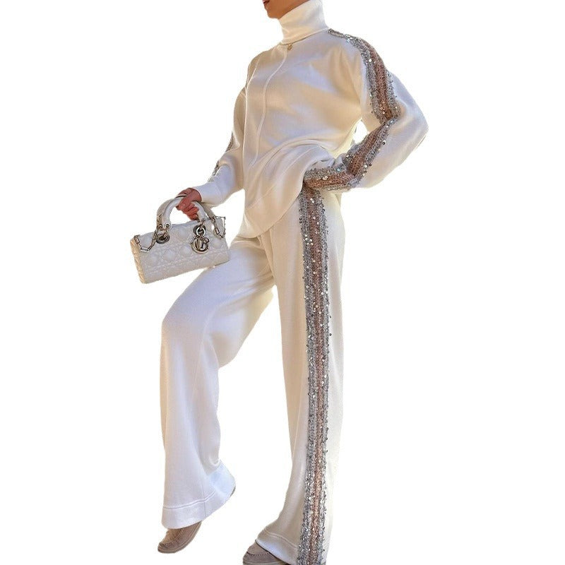 Turtleneck Fashion Niche Sequin Trim Blouse And Pants See size chart under “more details”