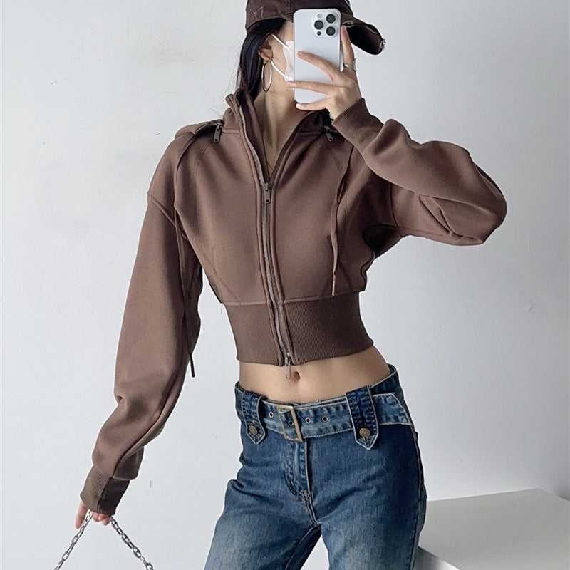 European And American Style Fleece-lined Waist Stand Collar Detachable Hooded Zipper Sweatshirt See size chart under “more details”