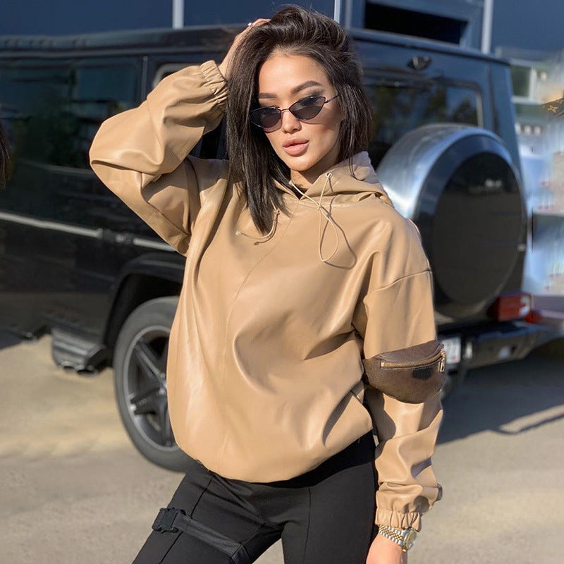 Women's Leather Versatile Round Neck Hoodie See size chart under “more details”