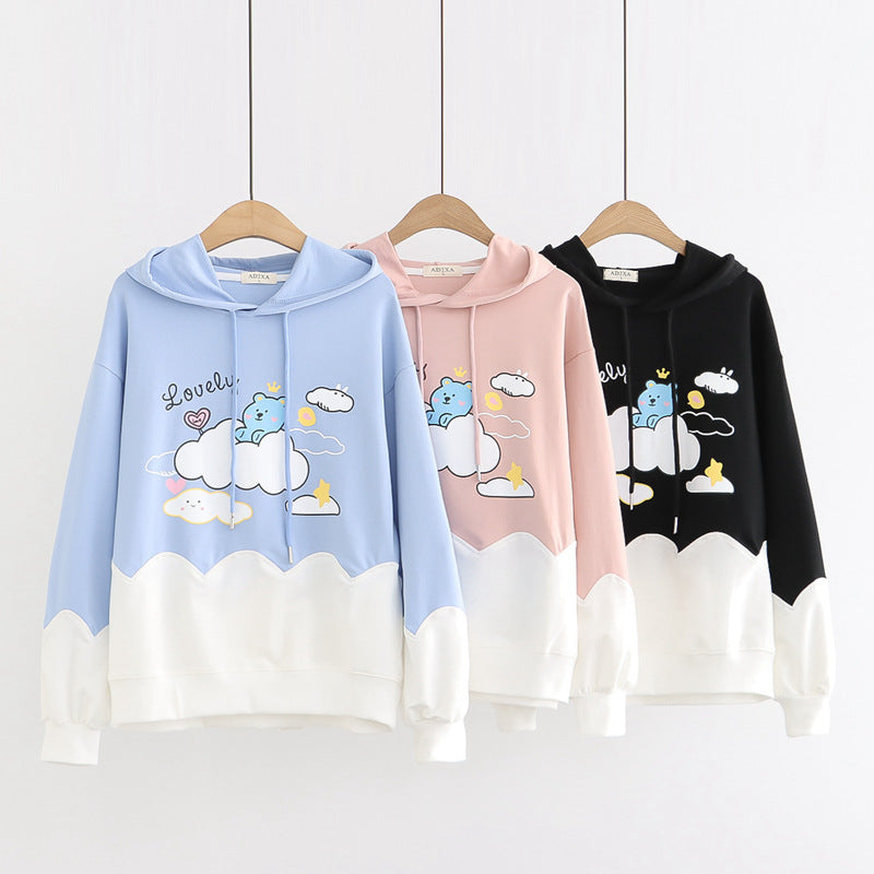 Printed Color-blocking Thin Long-sleeved Hooded Sweatshirt See size chart under “more details”