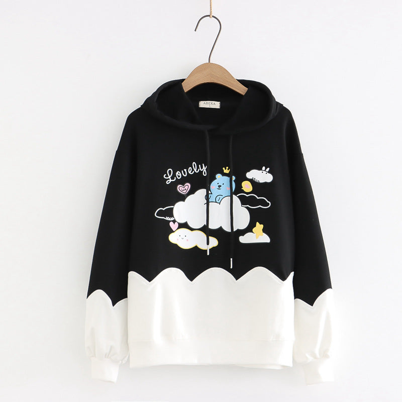 Printed Color-blocking Thin Long-sleeved Hooded Sweatshirt See size chart under “more details”