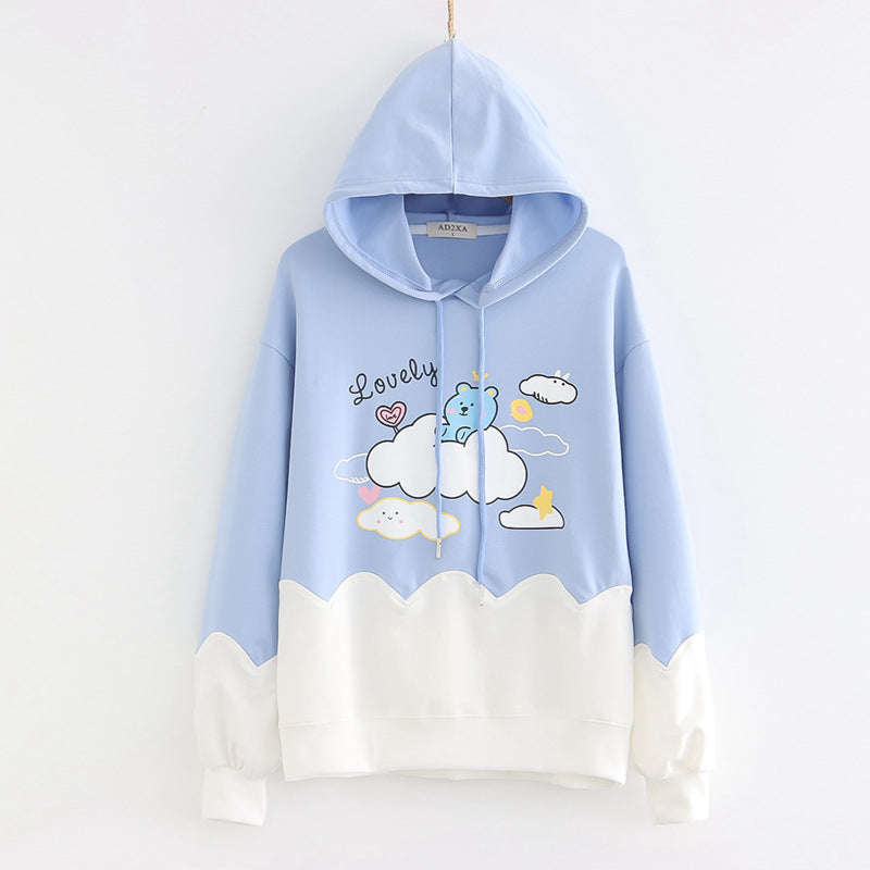 Printed Color-blocking Thin Long-sleeved Hooded Sweatshirt See size chart under “more details”