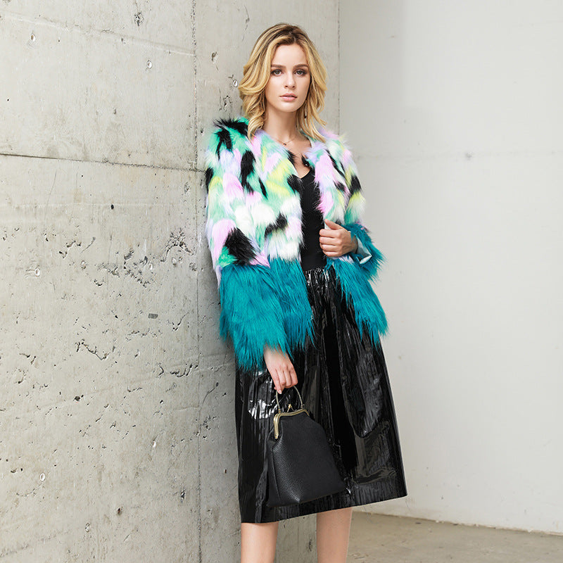 Faux Fur Two-tone Fur Stitching Plush Fur Coat See size chart under “more details”