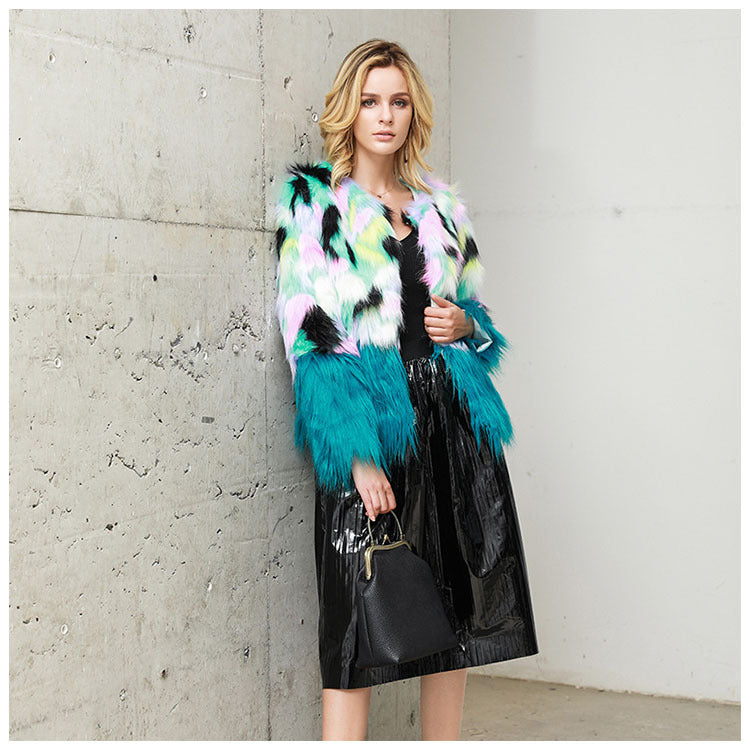Faux Fur Two-tone Fur Stitching Plush Fur Coat See size chart under “more details”
